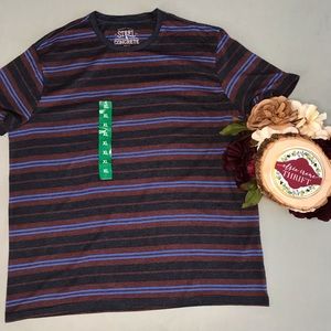 ‼️ Men’s Steel+Concrete Burgundy/Blue striped tee